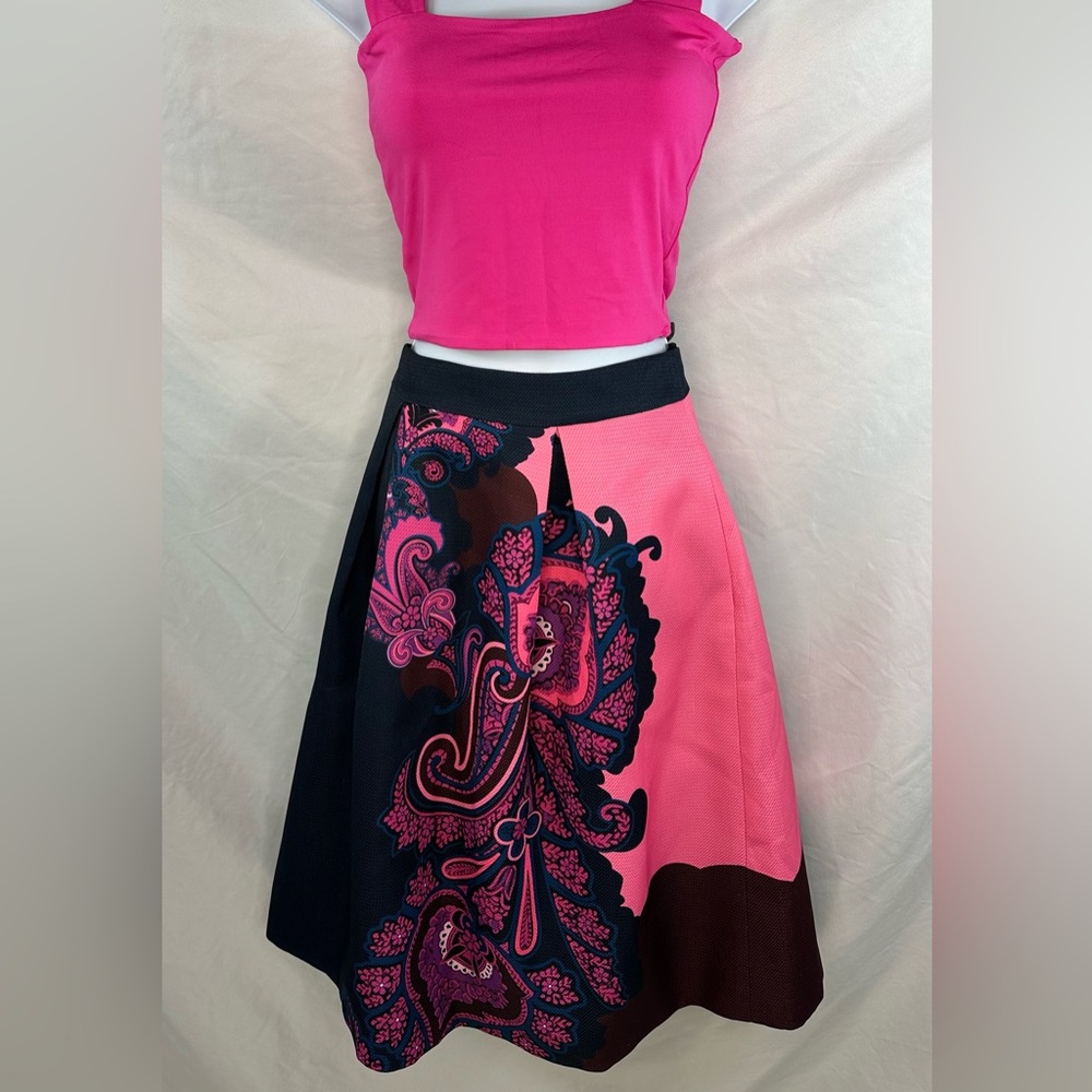 TED BAKER LONDON Oriental Paisley A Line Skirt Navy and Pink Luxury Gold Zip 2-4 - Picture 2 of 10